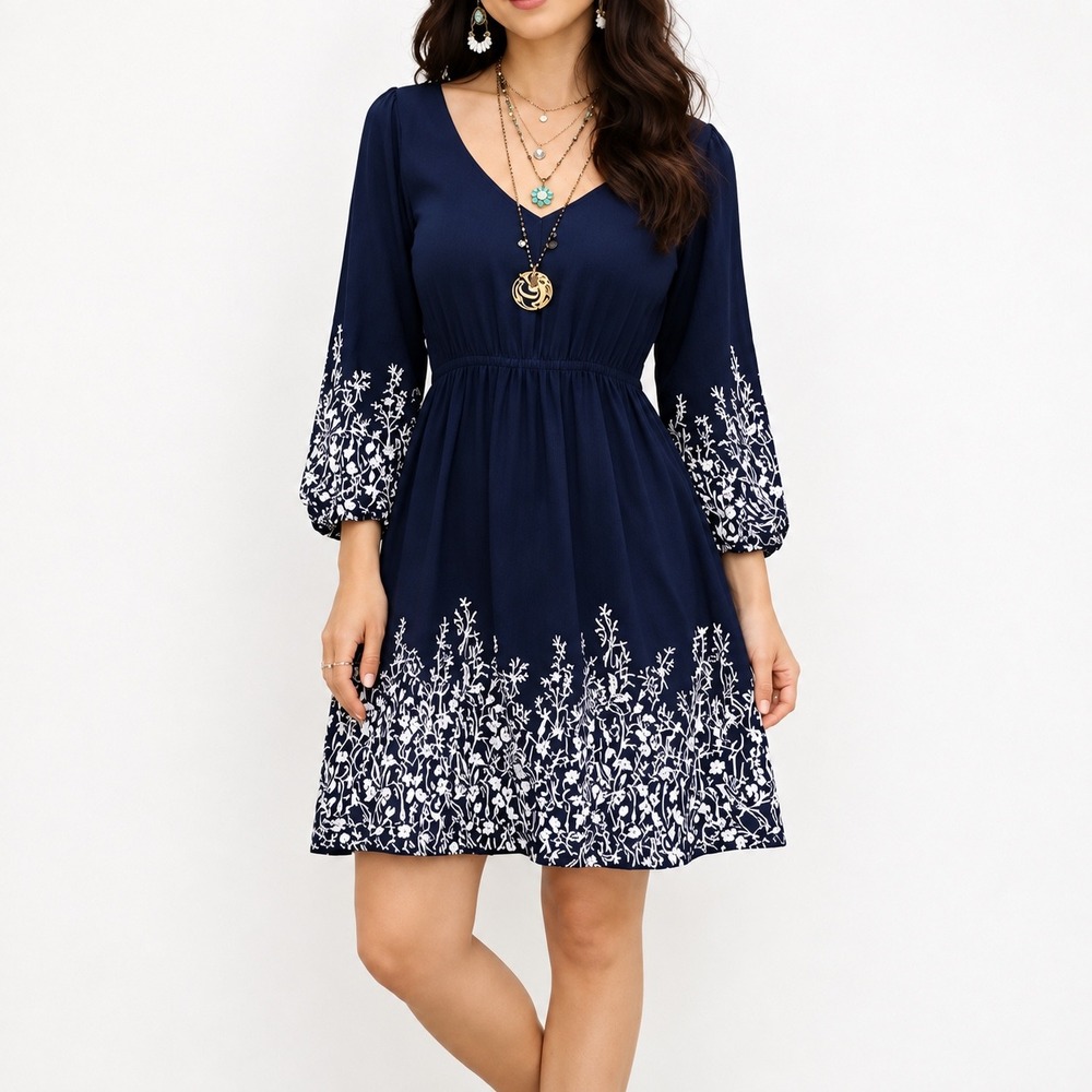 Old Navy Navy Blue Floral Border Print Wrap V-Neck Long Sleeve Dress Medium